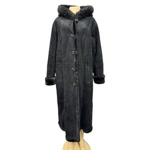 VTG BGSD Black Faux Suede Shearling Jacket Faux Fur Hooded Maxi Trench Coat XL